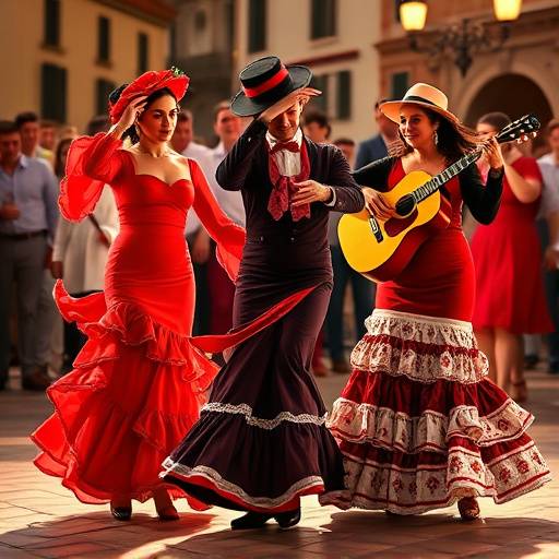 Imagen promocional del programa Sevillanía, con un grupo de bailaoras de flamenco vestidas con trajes tradicionales y un guitarrista.
